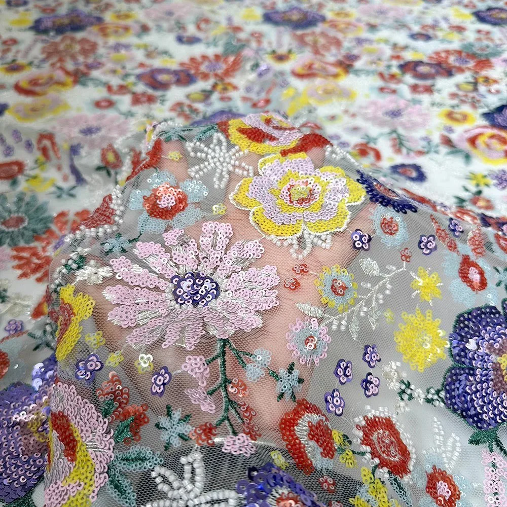 

1-ярдовая трехмерная ткань с блестками и цветком для вышивки, дизайнерская ткань для свадебного платья по индивидуальному заказу, ткань Cheongsam Telas для одежды
