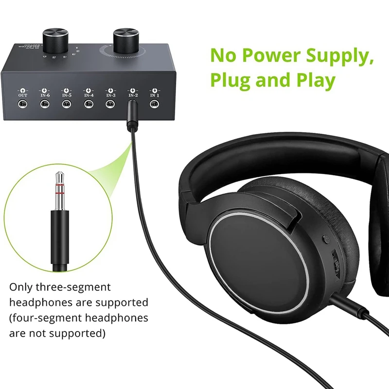 6 Ports 3.5Mm Audio Switch Bidirectional 3.5Mm Gray Support 1 In 6 Out Or 6 In 1 Out For PC Phone Headphone