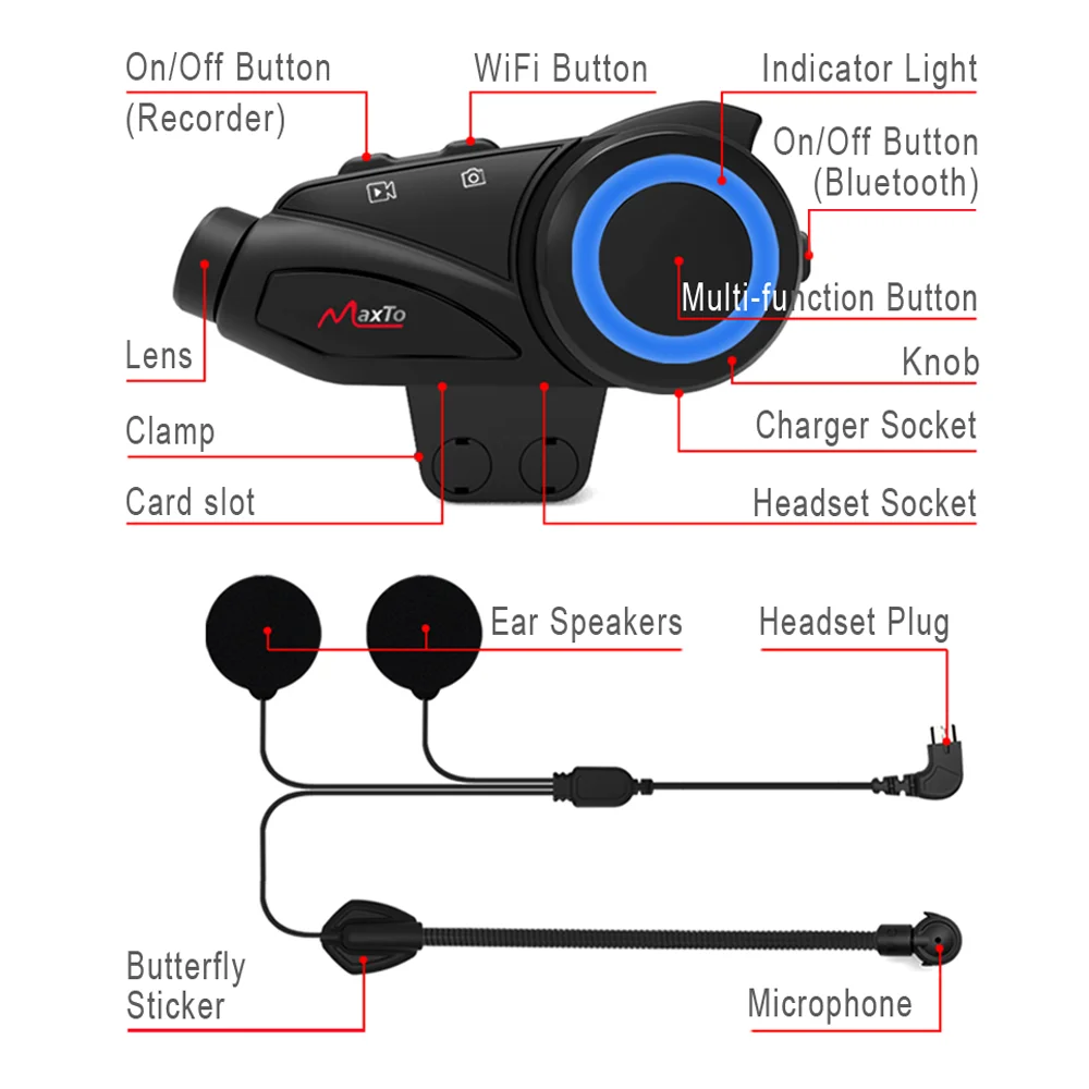 Motorcycle helmet Bluetooth intercom Headset with HD Camera,Maxto M3 6-Way Motorbike Helmet intercom