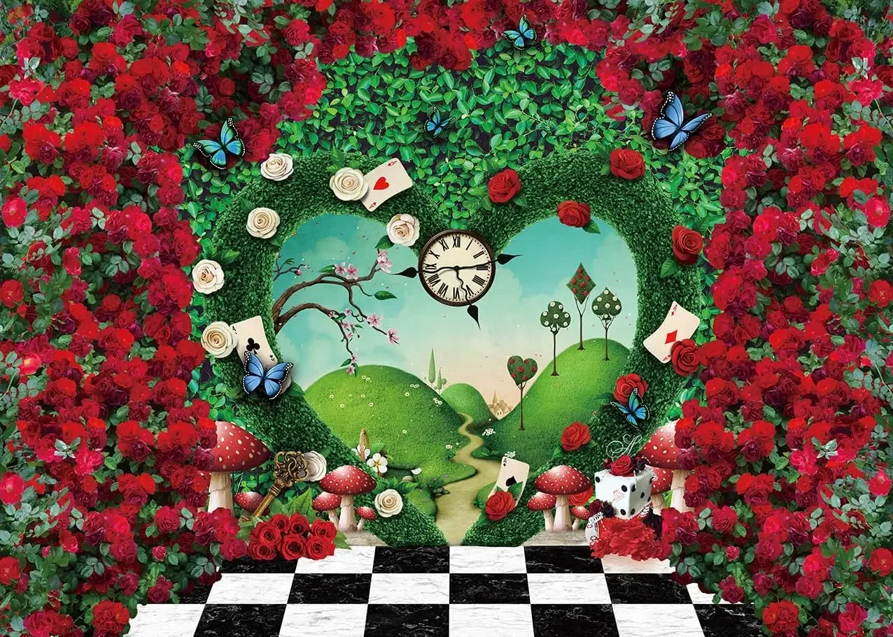 

alicee Wonderland Red Rose Green Leaf sweet heart Tea Party Decorations Fairy Tale photo background photography backdrop