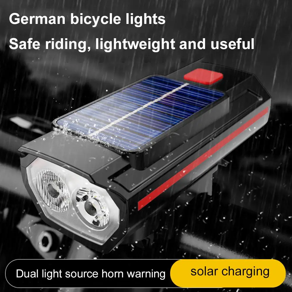 Solar Bike Front Lamp With Horn Dual Lamp Beads Super Warning Night Cycling Safety Brighteness Bicycle Headlight Waterproof E5C8