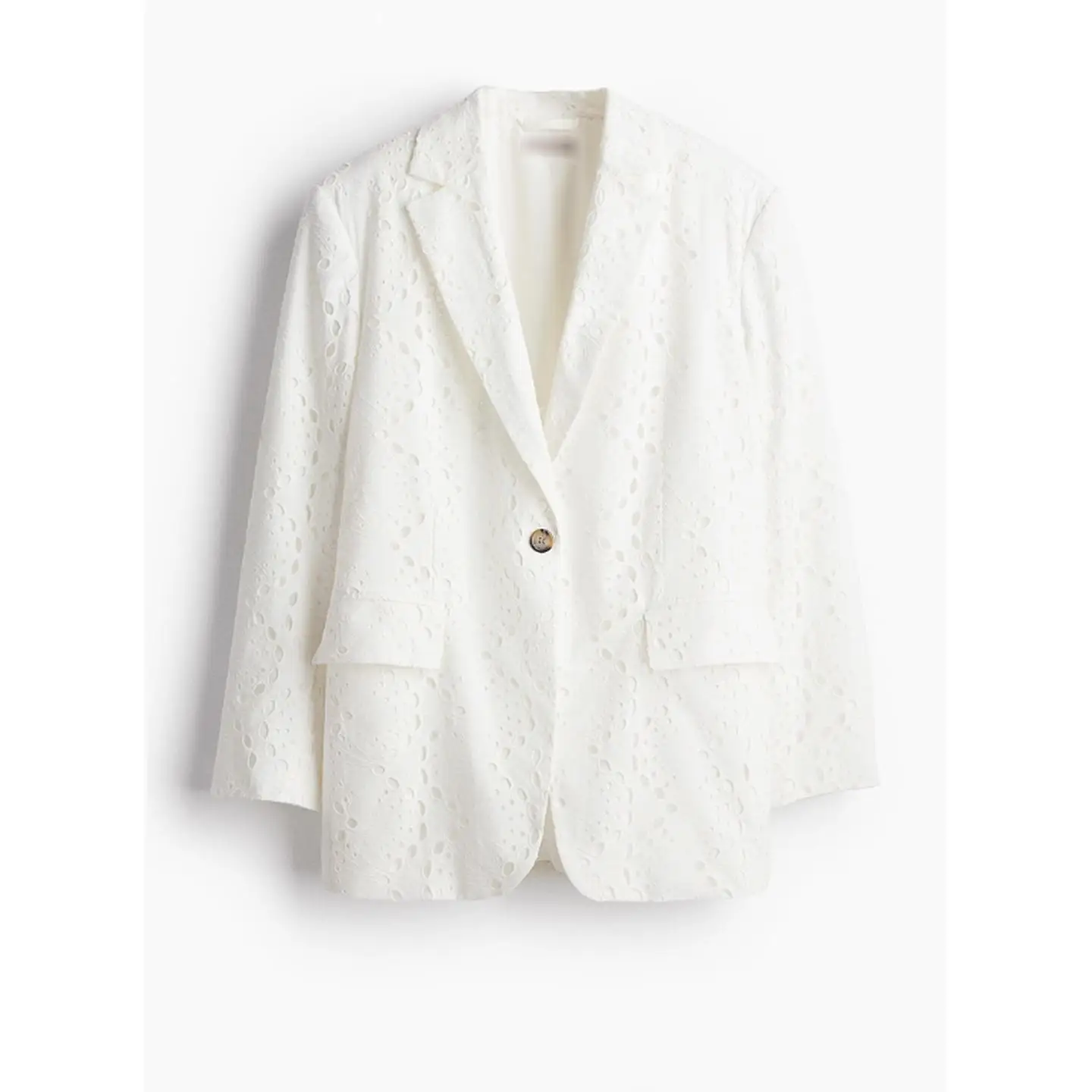 Damska kurtka z haftem, ażurowa, długa, z jednym guzikiem, z klapami, z kolekcji jesiennej.