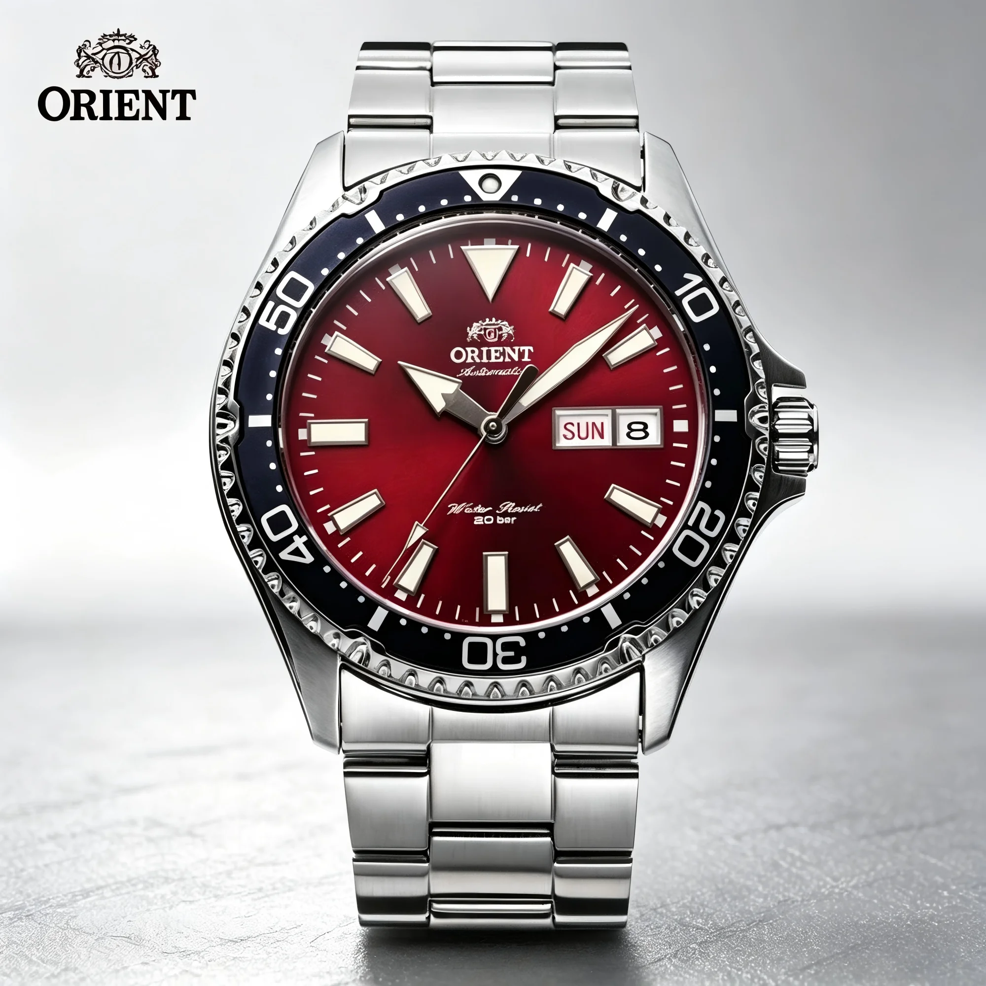 Reloj de buceo mecánico automático Orient para hombre, resistente al agua hasta 200 m, esfera roja, correa de acero inoxidable, reloj de pulsera con fecha y día