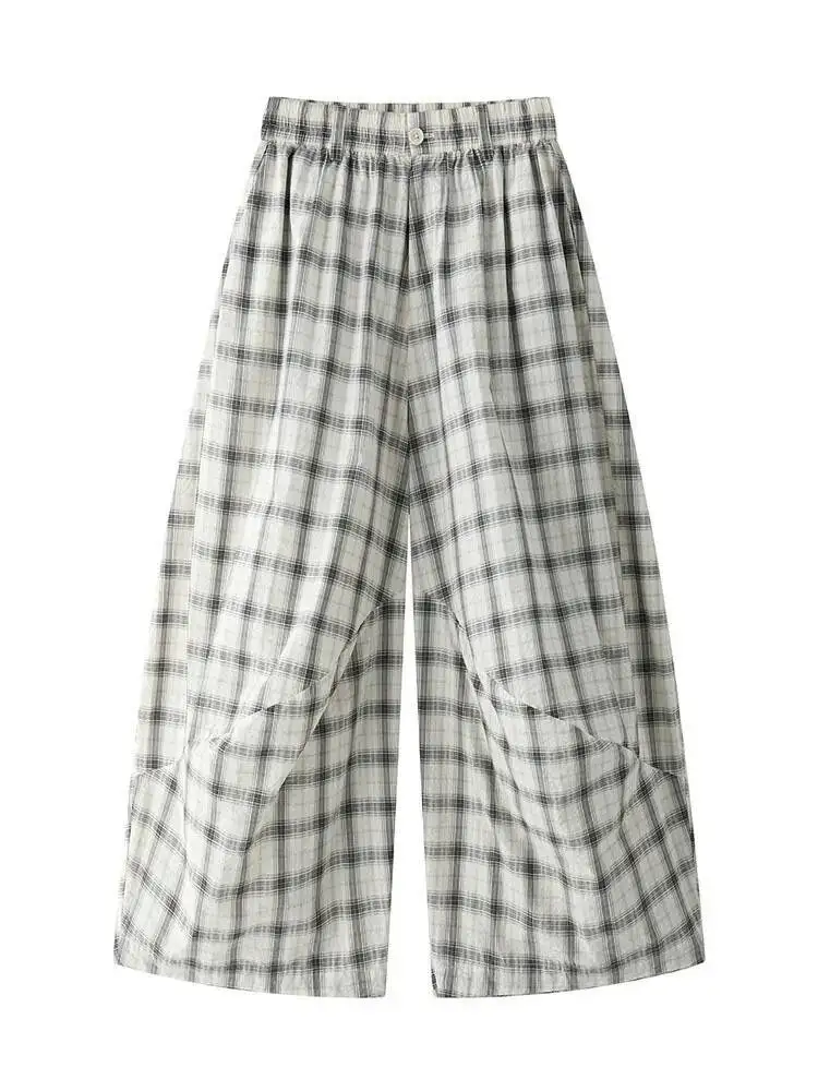 FANAN Vintage Plaid Kontrast Farbe Breite Bein Hosen Für Frauen Elastische Hohe Taille Beiläufige Lose Hosen Mode 2025, Herbst Neue