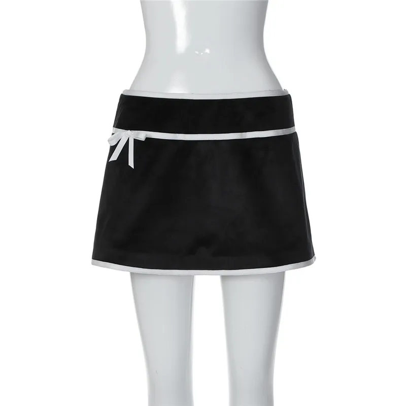 Contrasting Color Celebrity Girl Black Velvet Two Pieces Suits Stunning Bow Short Jacket Top&Mini Skirt Vintage Luxury 2pc Sets