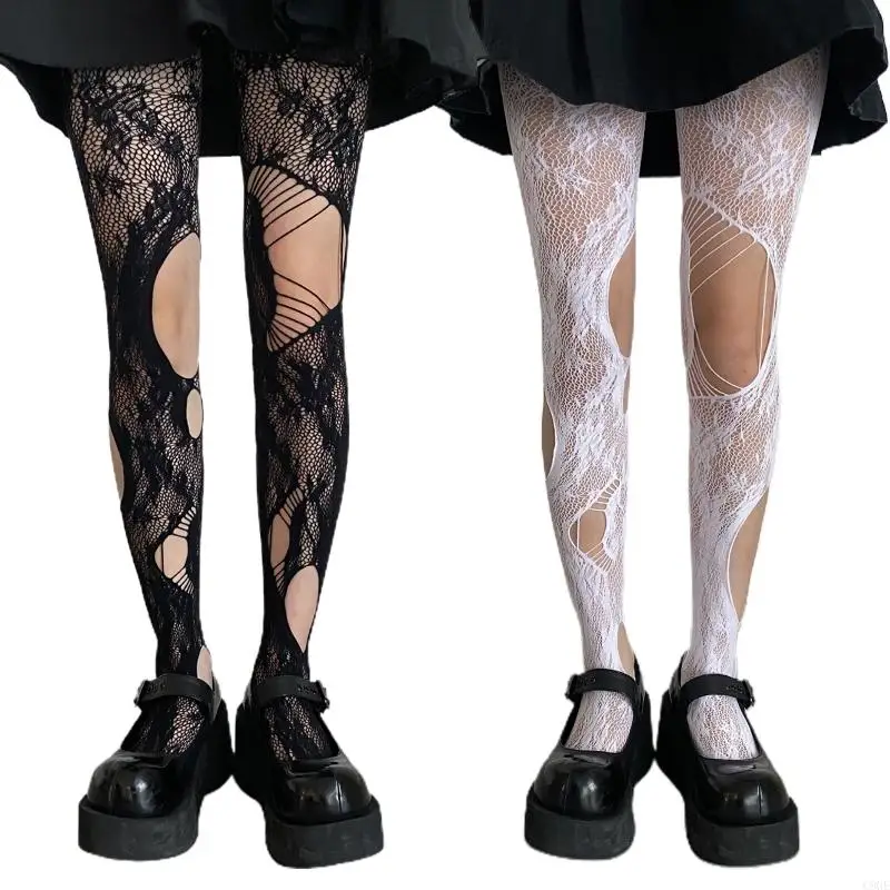 C9ge vrouwen gotische visnet pantyhose harajuku onregelmatige gescheurde gaten maasjaren roze bloemen jacquard patroon