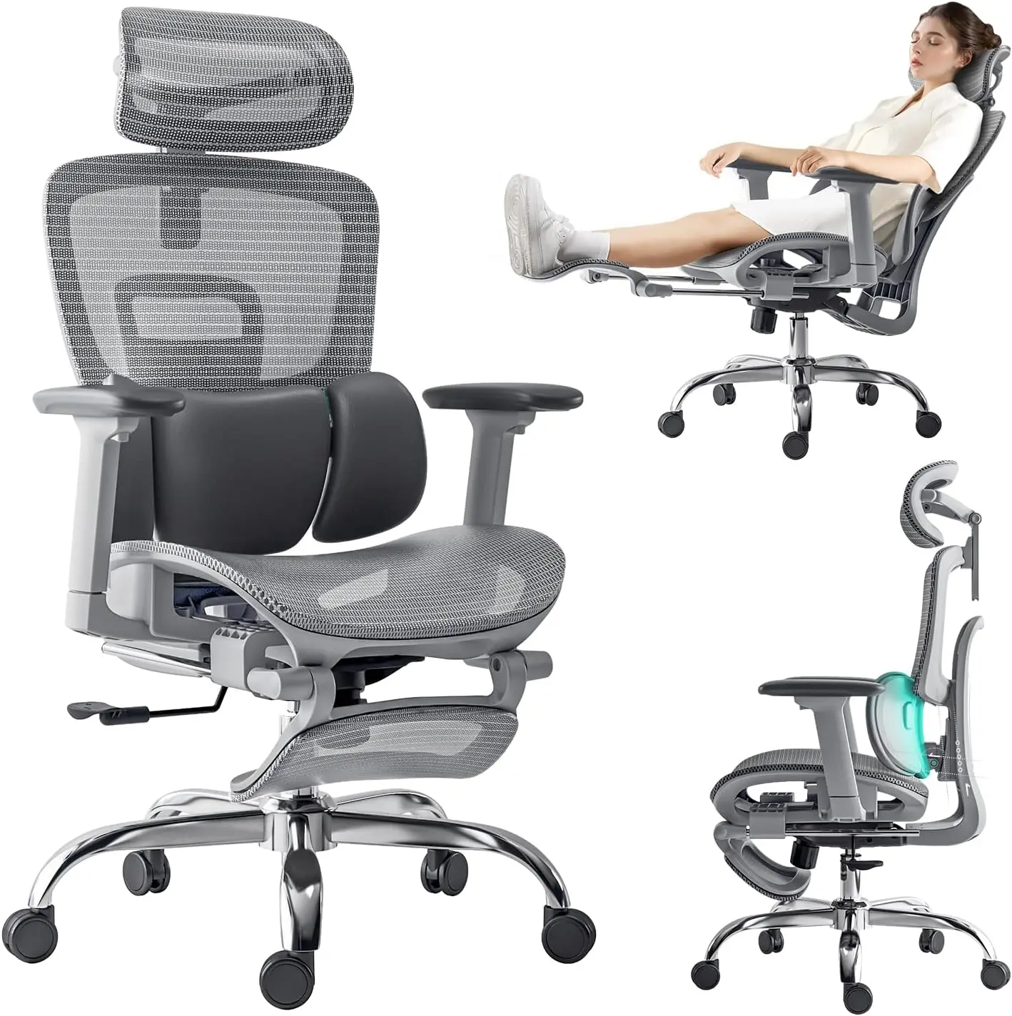 Ergonomic Office Chair 3-Zone Dynamic Lumbar Support Adjustable Headrest SGS Class 4 Gas Clylinder and Flip-Up Armrests