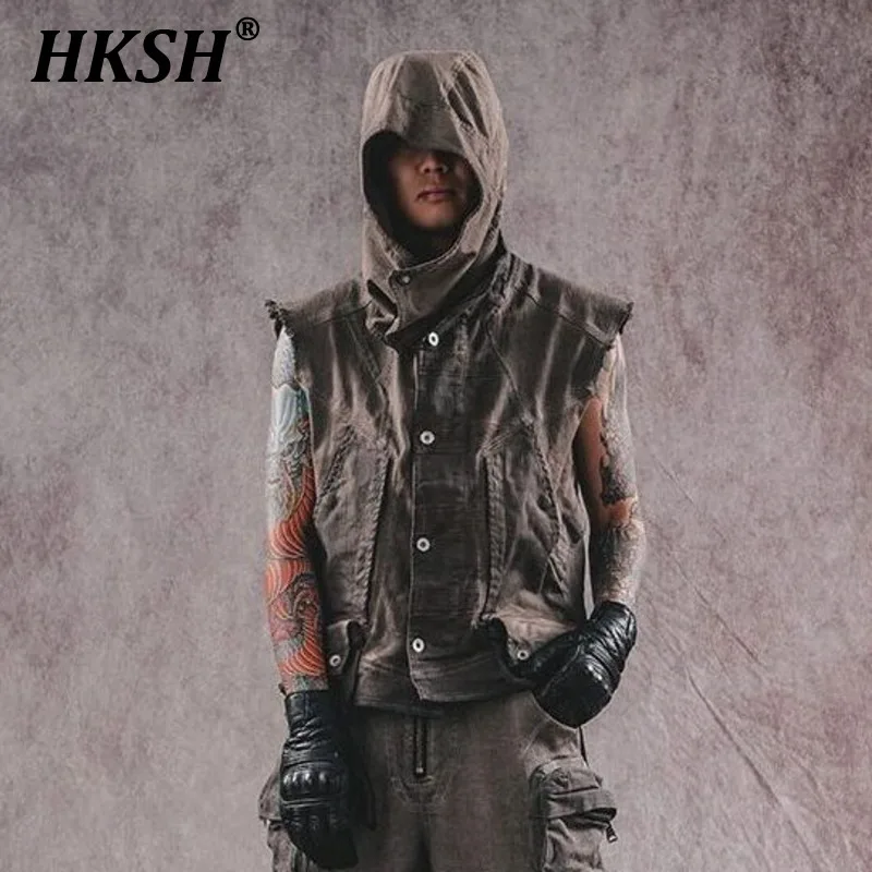 

HKSH Men's Punk Heavy Industry Geometric Cut Outerwear Inner Layup Waistcoat Waste Land Tactical 3D Pocket Chic Tide Vest HK0816