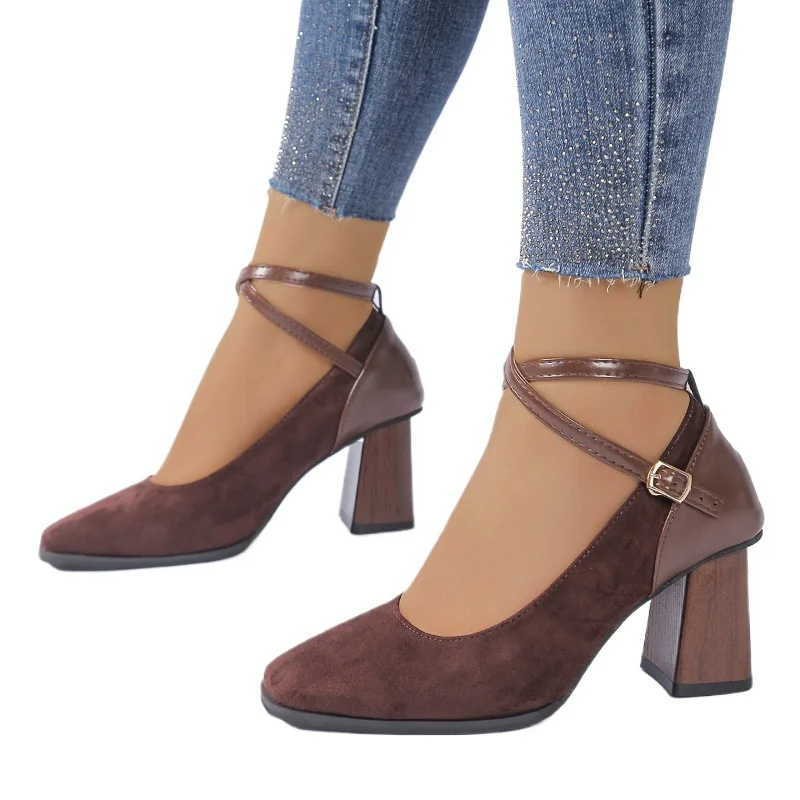 

Classic Brown Faux Suede Heel Pumps Women Summer Autumn Adjustable Ankle Buckle High Heels Shoes Woman Square Toe Pumps Ladies