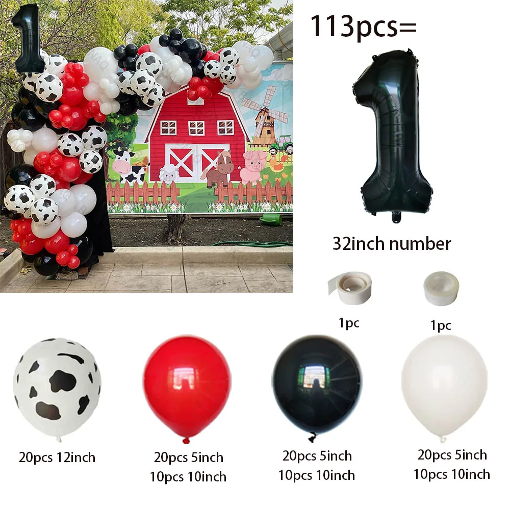 Red White Black Farm Animal Theme Cow Balloon Tower Set for Boy Kids Happy Birthday Party Decoration DIY Farm Party Supplies