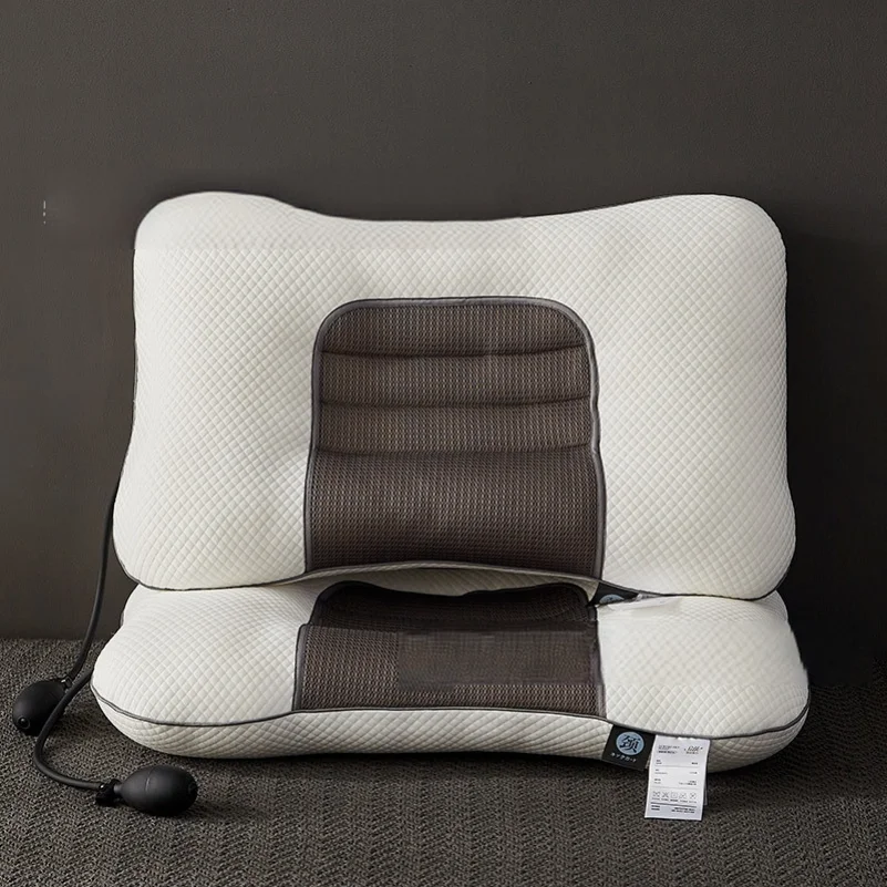 Air-filled pillow with inflatable cushion, designed to support the cervical spine and promote sleep; latex pillow, single size