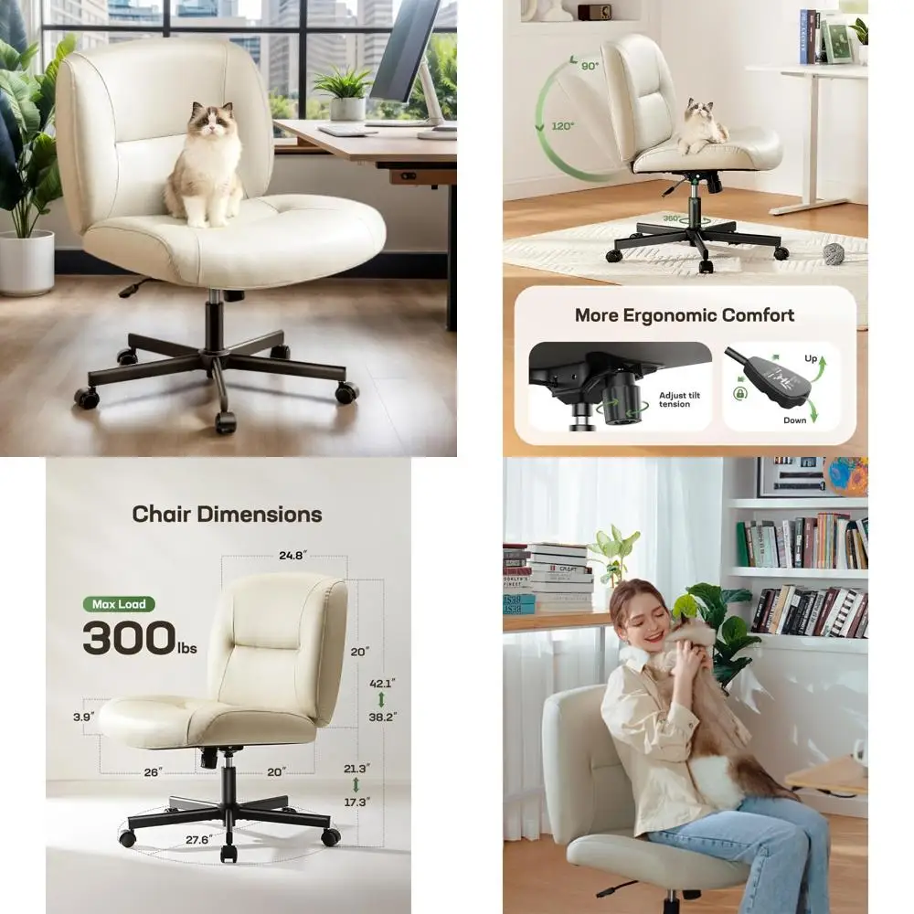 

Armless Office Chair with Wheels, Wide Mid-Back Comfort, Scratch-Resistant PVC Leather, Cross-Legged Desk Chair