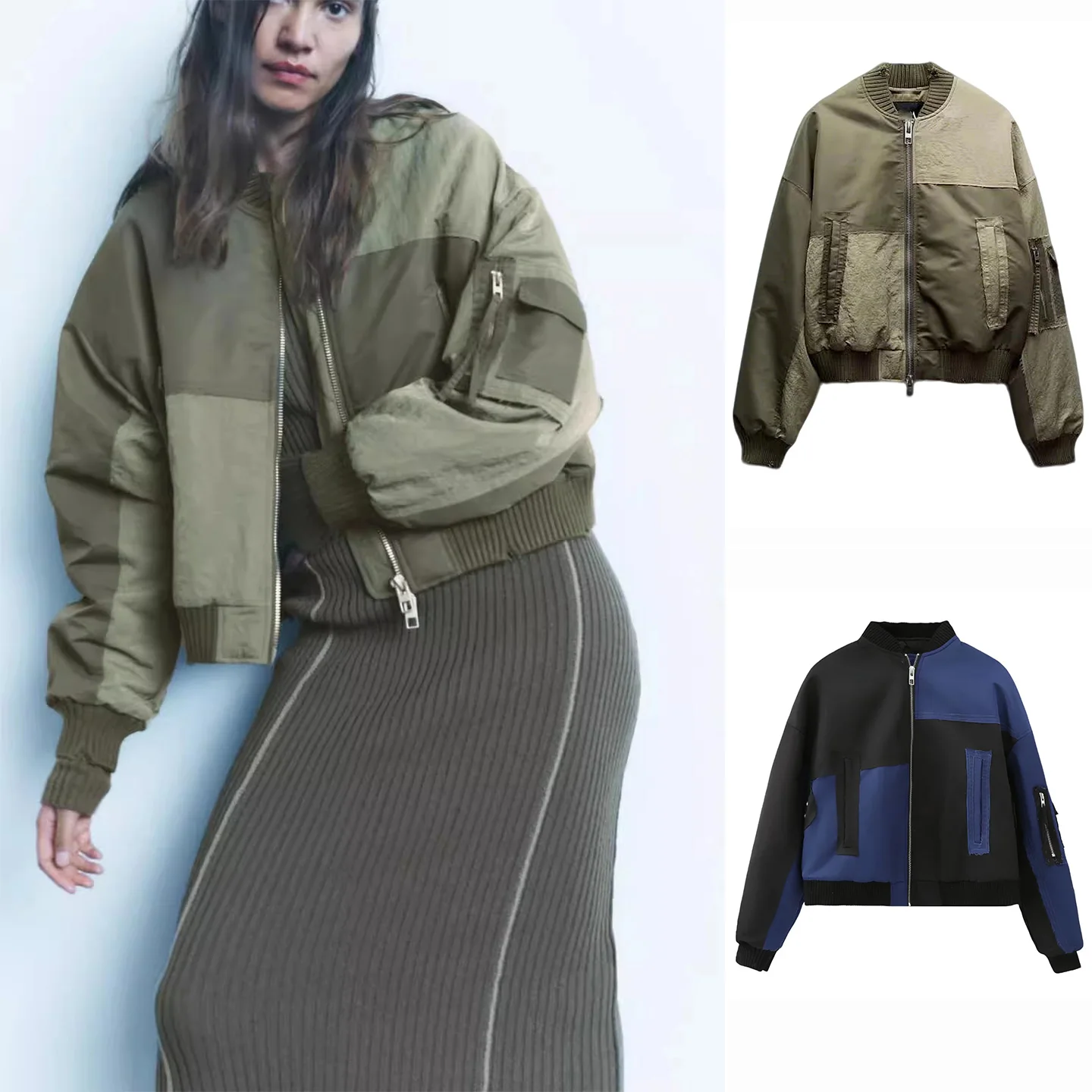 

Winter New Women's Patchwork Pilot Jaet Long Sve round Ne Cotton Outerwear Stand Fit Zipper Closure Polyester Fiber