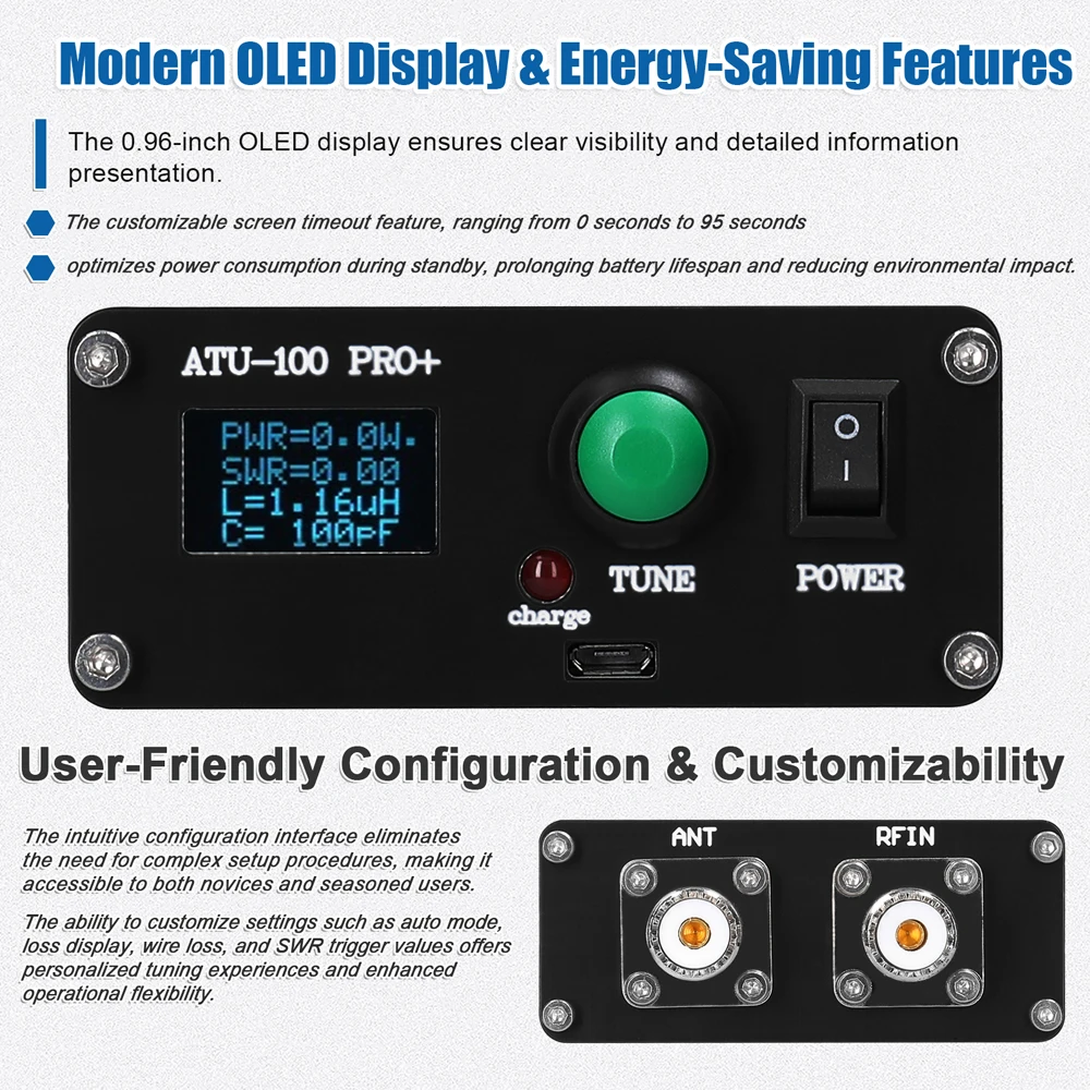 ATU-100 Pro + موالف هوائي أوتوماتيكي 100 وات 1.8 - 50 ميجا هرتز مع OLED وبطارية قابلة لإعادة الشحن