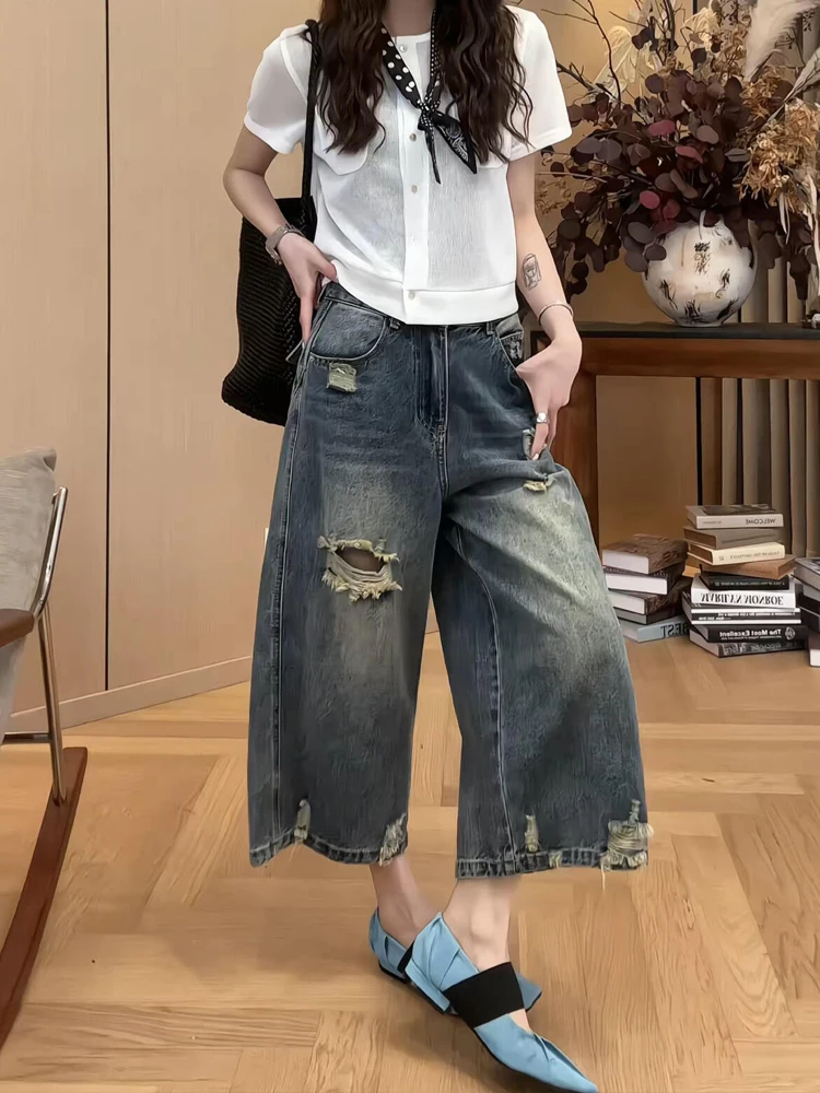 

Cool Girl American Style Hole Hole Jeans Women's Summer Design Loose Slim Straight Leg Pants High Waist Denim Soft Fabric