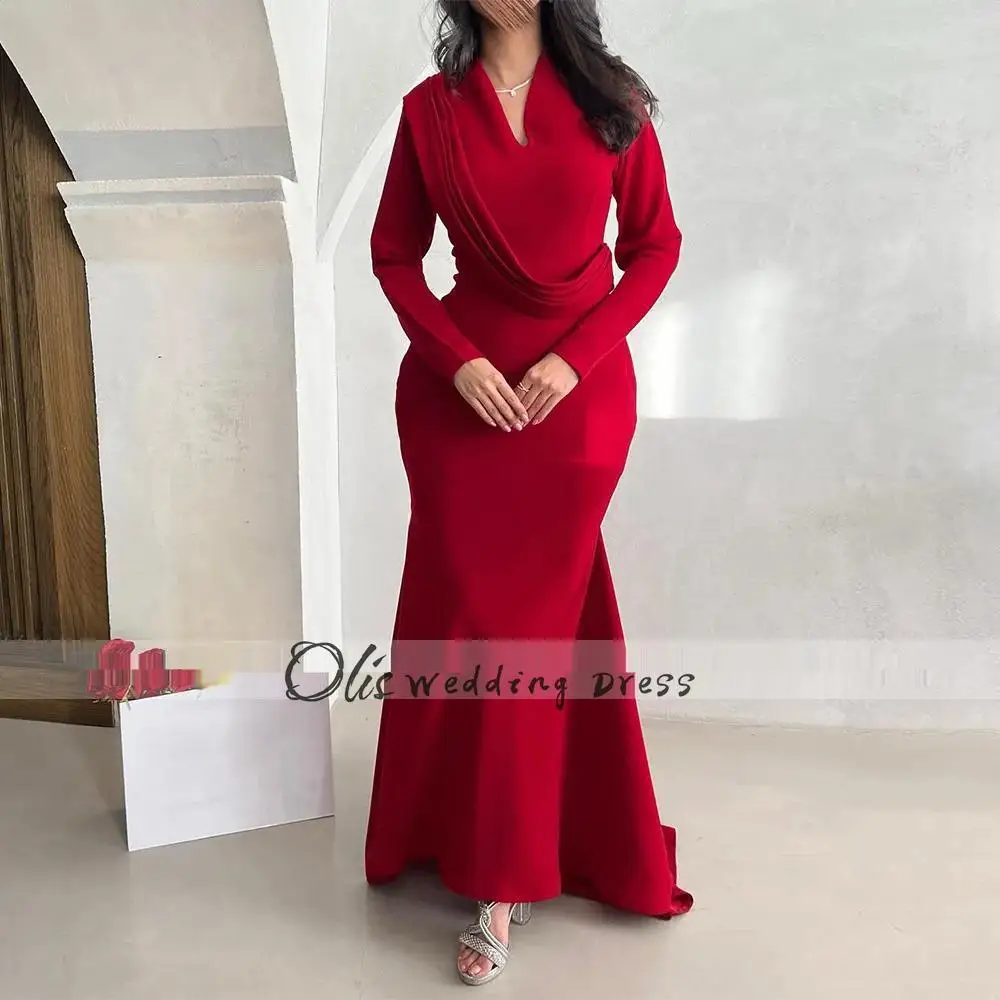 Personalizado vermelho vestidos de festa à noite 2024 mangas compridas com decote em v sereia vestidos de noite para mulheres trompete elegante casamento convidado dre