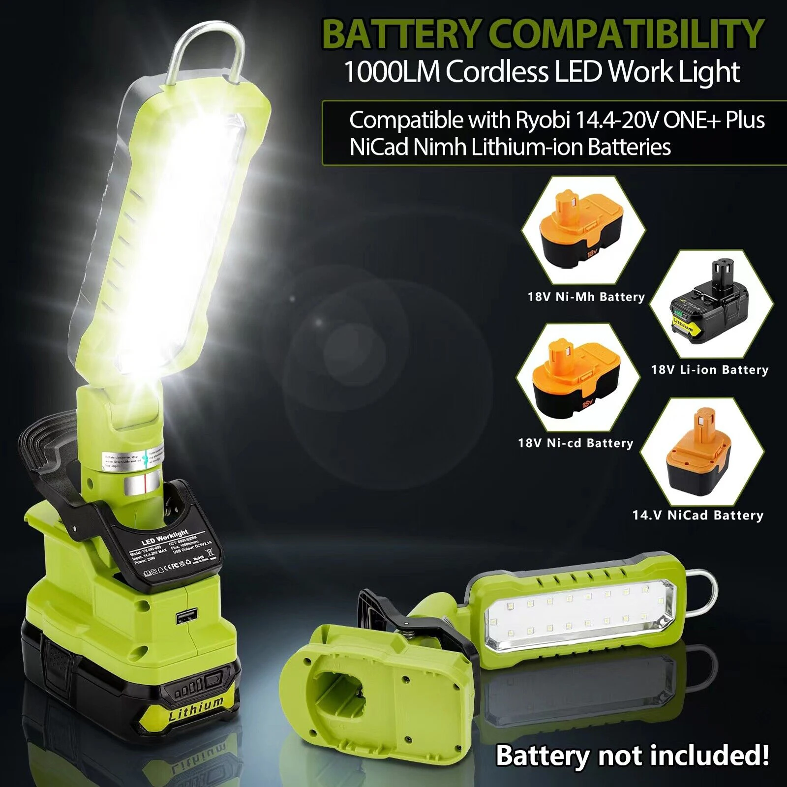 Cordless LED Work Light Flashlight For Ryobi 18V Lithium Nickel One+ Battery 20W 1000LM Searchlight Electric Torch Spotlight