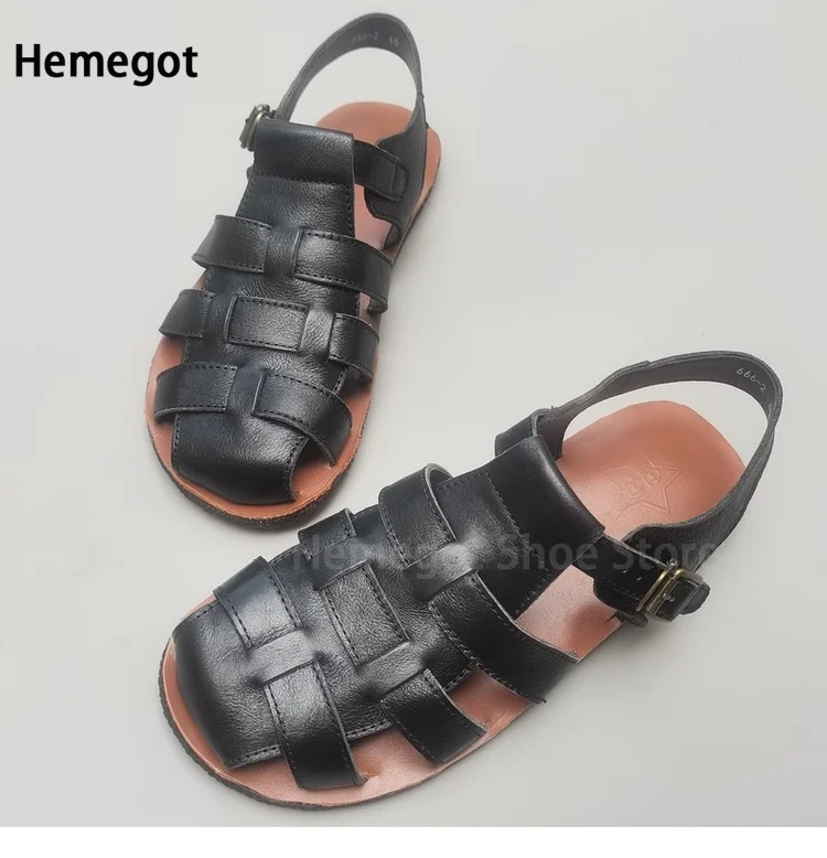 Genuine Leather Solid Color Men's Sandals Brown Black Hollow Breathable Casual Shoes Leather Flat Soft Sole Sandals Summer