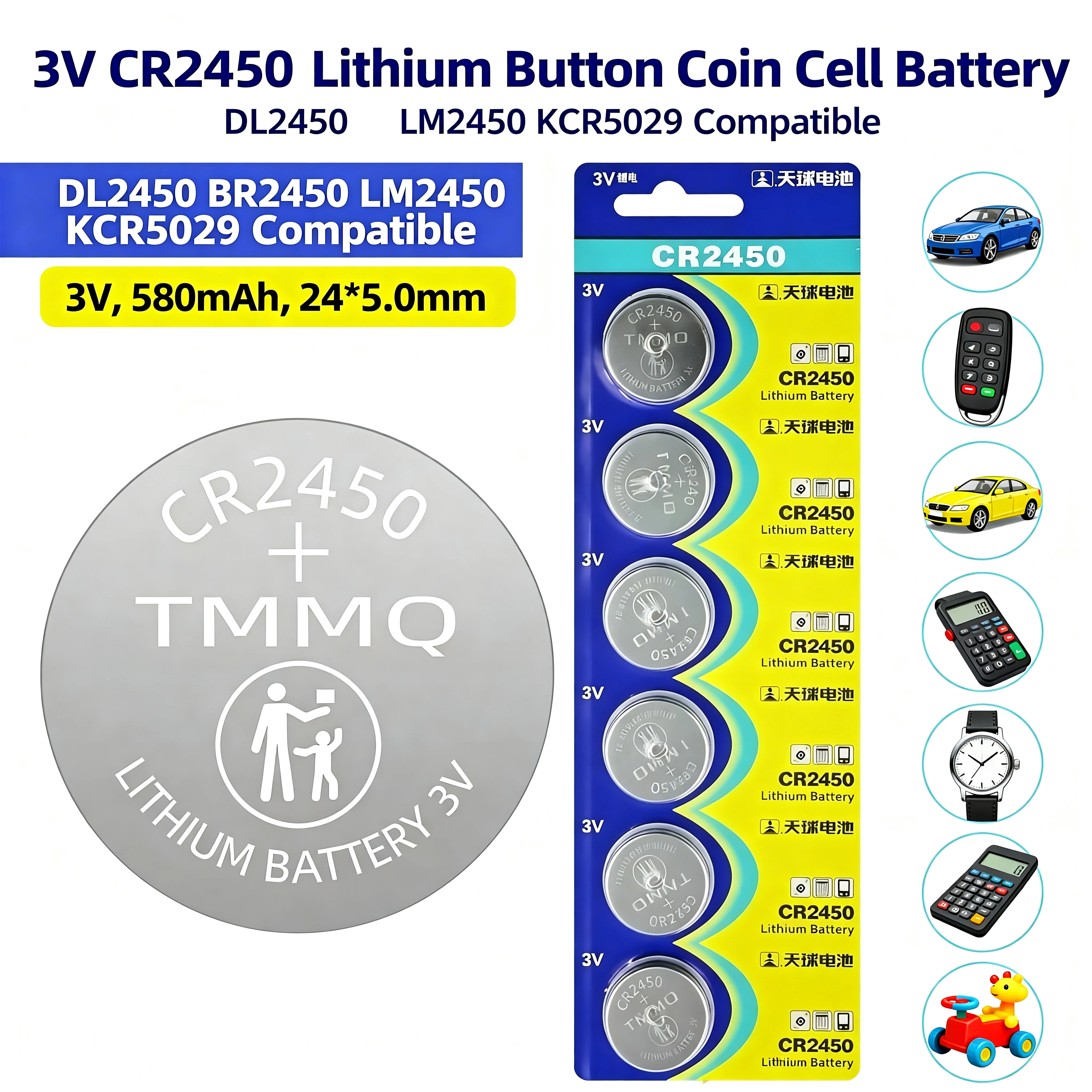 

3V CR2450 DL2450 BR2450 LM2450 KCR5029 Lithium Button Coin Cell Battery for Car Remote Watch Calculator Toy