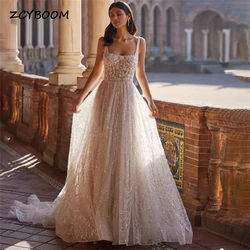 Customized Elegant Spaghetti Strap Square Neck Saquins Backless Wedding Dresses For Women 2024 Court Train Vestidos De Noiva