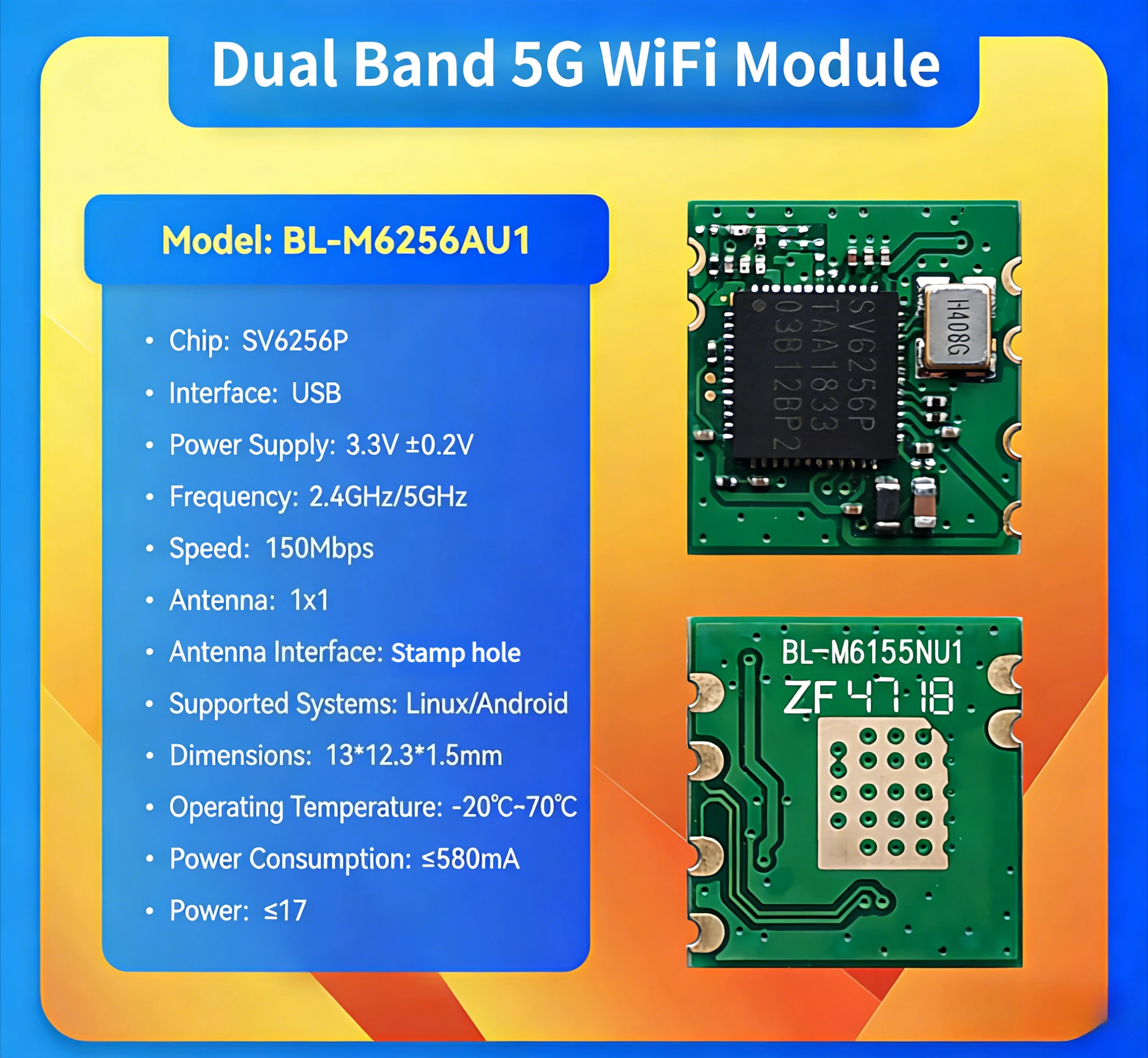 M6256AU1 Dual Band 5G Wifi Wireless Module  with SV6256P Chip for IPC Camera Video Transmission