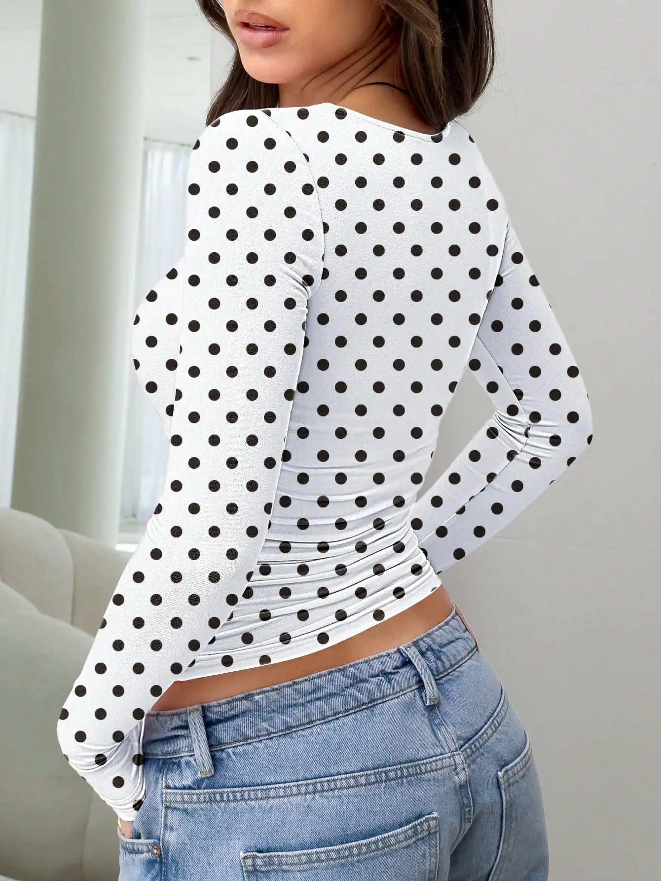 Women Polka Dot Long Sleeve Ruched Crop Top Round Neck Casual Tee