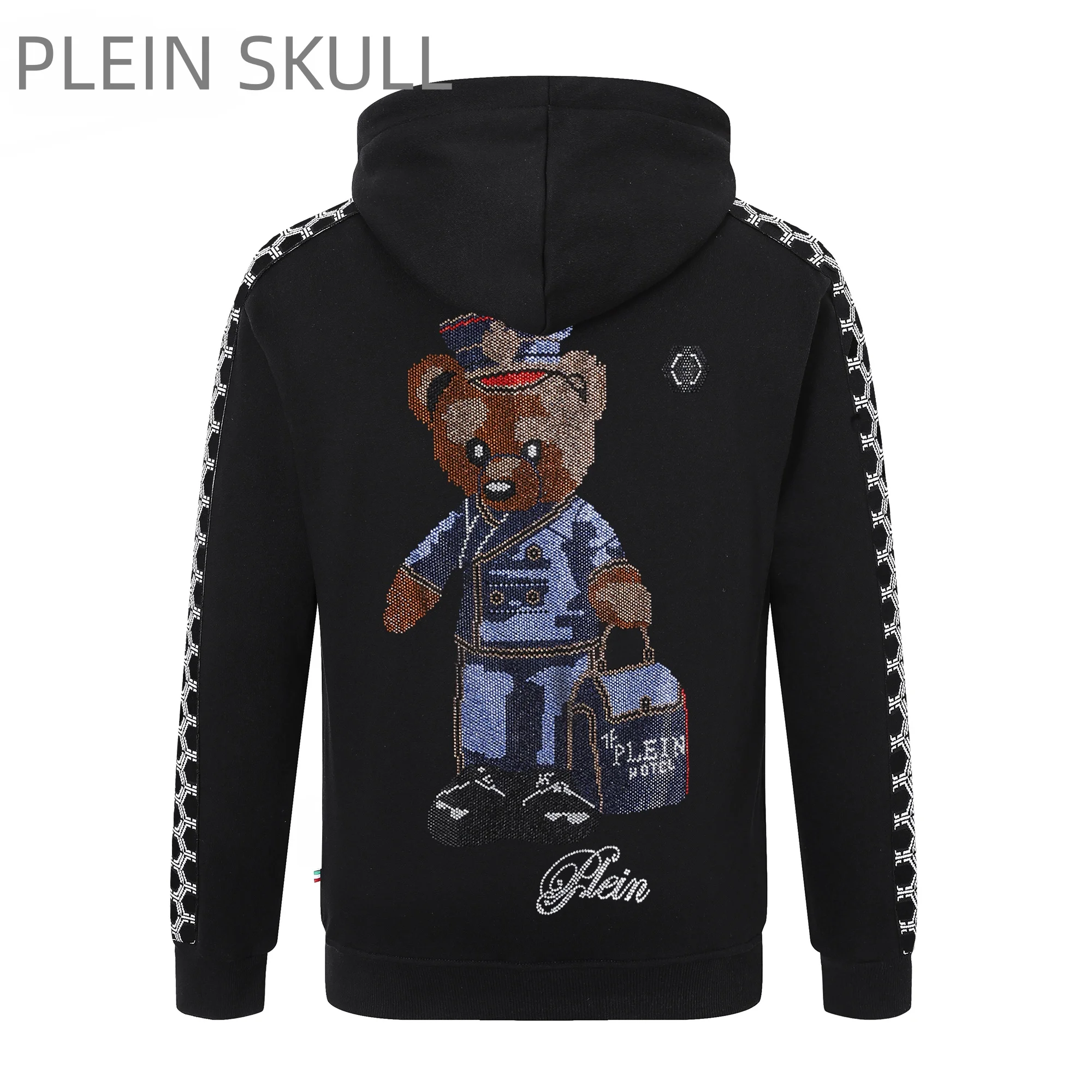 Plein Skull Men's Rhinestone Suit Bear Hoodie Pullover Side Geometric Stripe Sleeve Casual Long Sleeve Hooded Sweatshirt