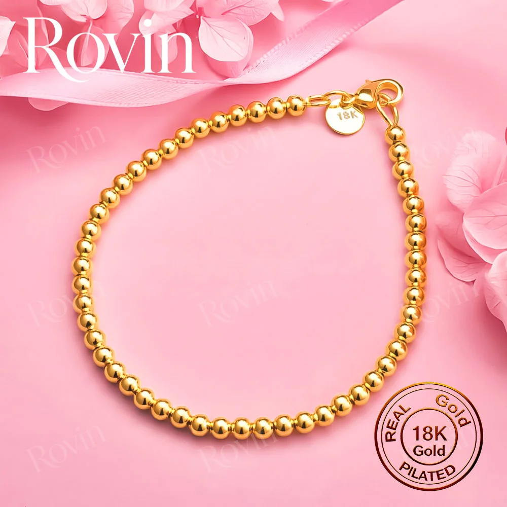 18K Gold 8-inch Delicate Glossy Round Bead Bracelet for Women - Stylish and Charming Wedding Party Jewelry