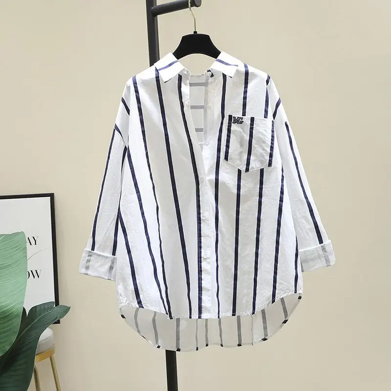 Summer Women\'s 2024 New Patchwork Turn-down Collar Button Striped Pocket Fashion Loose Minimalist Casual Long Sleeved Shirts