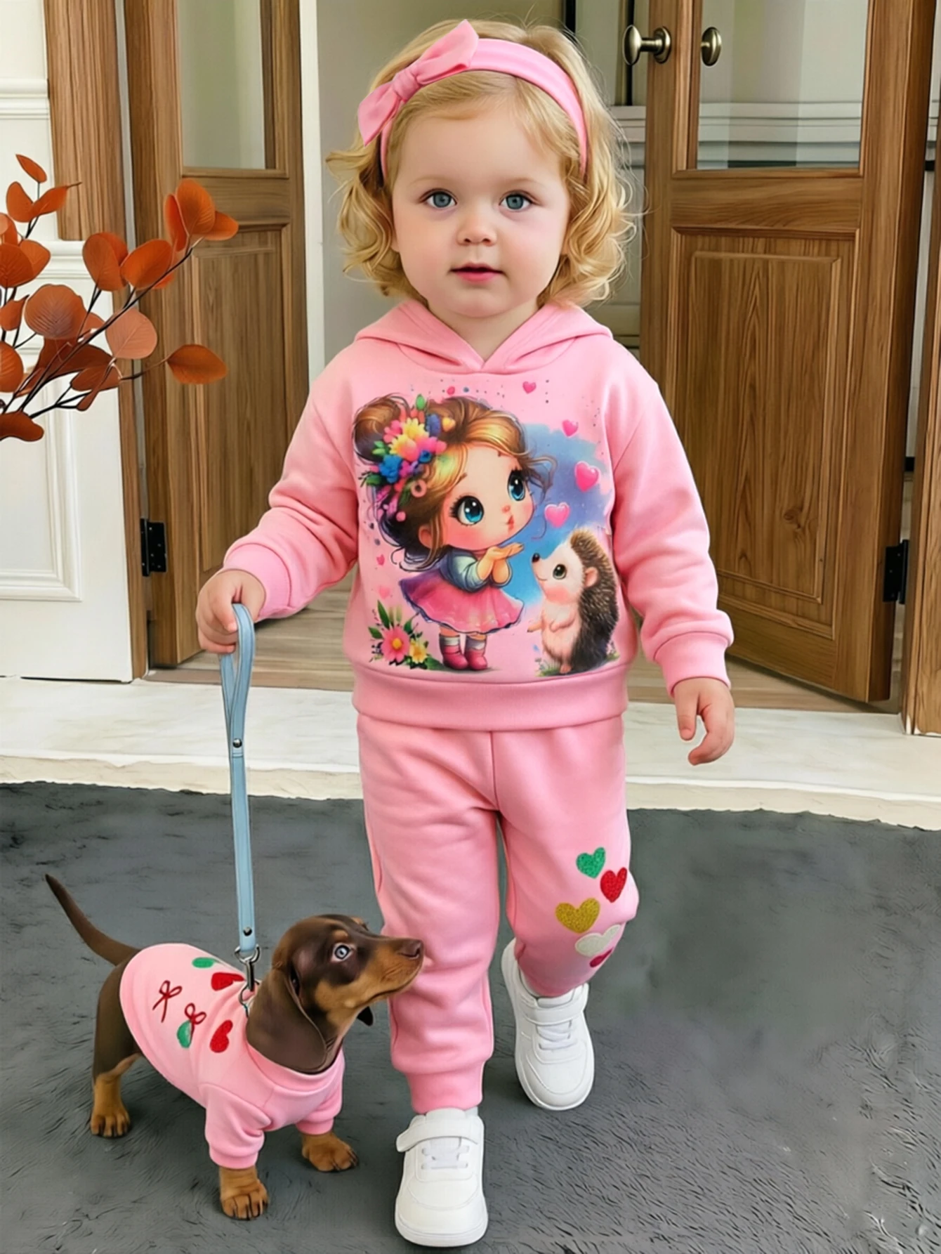 Toddler Girls Pink Hoodie Sweatpants Set Cute Cartoon Print Hooded Pullover Joggers 2 Piece 1-6 Years Fall Winter Outfits