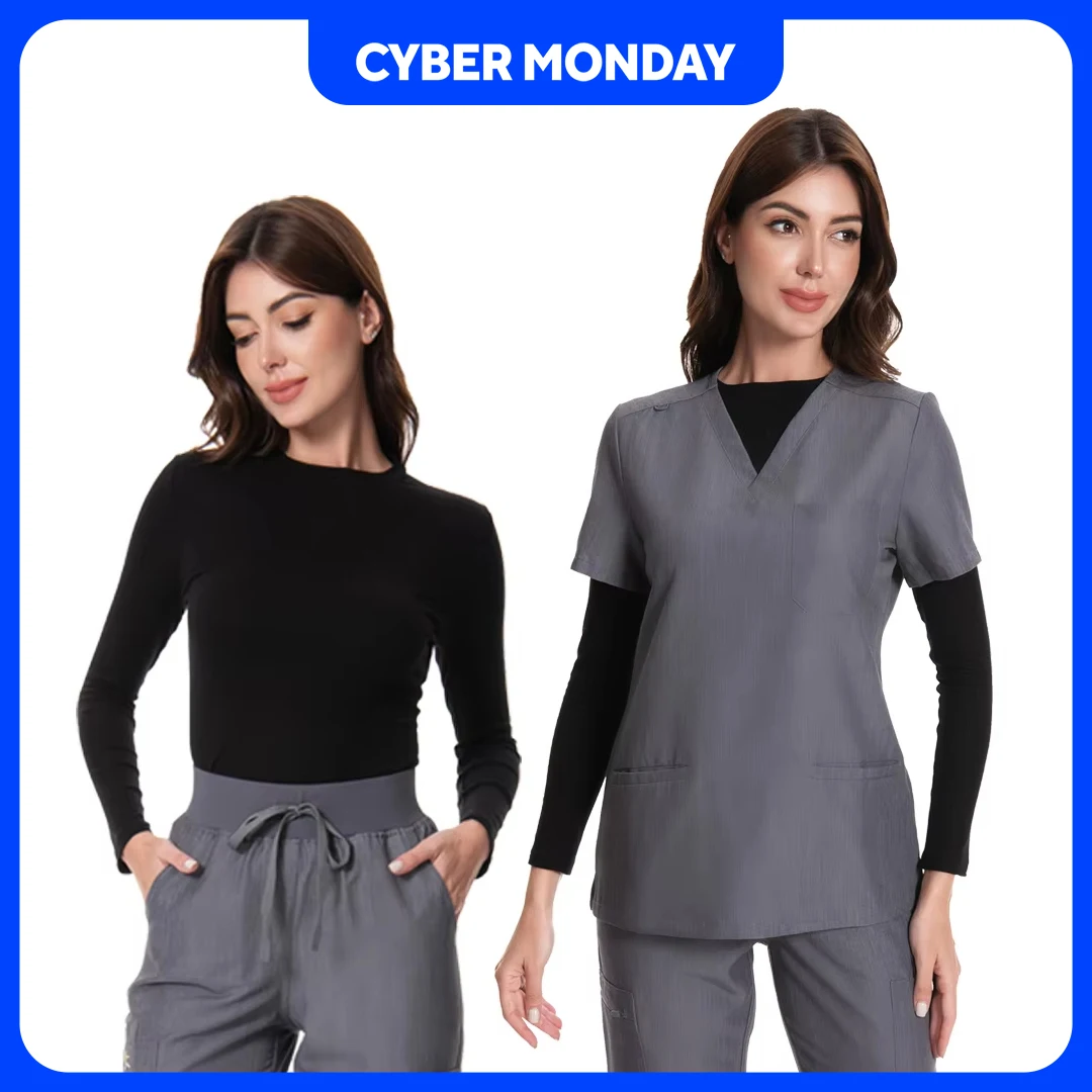 

KUNGFU SCRUBS Women's Ribbed Long Sleeve Slim Fit Solid Color Nurse Top Versatile Nurse Scrubs Accessories