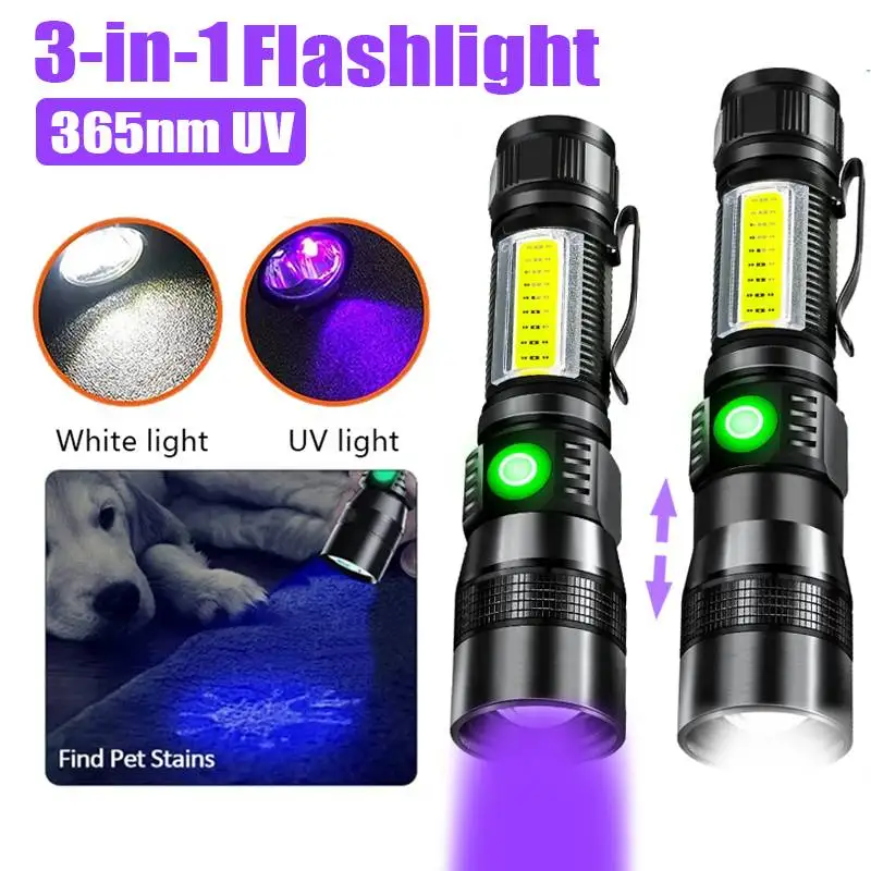 Powerful 3in1 LED Flashlight 365NM UV Light Flashlight Rechargeable Zoom Torch Pets Urine Stains Black Light Ultraviolet Lamp