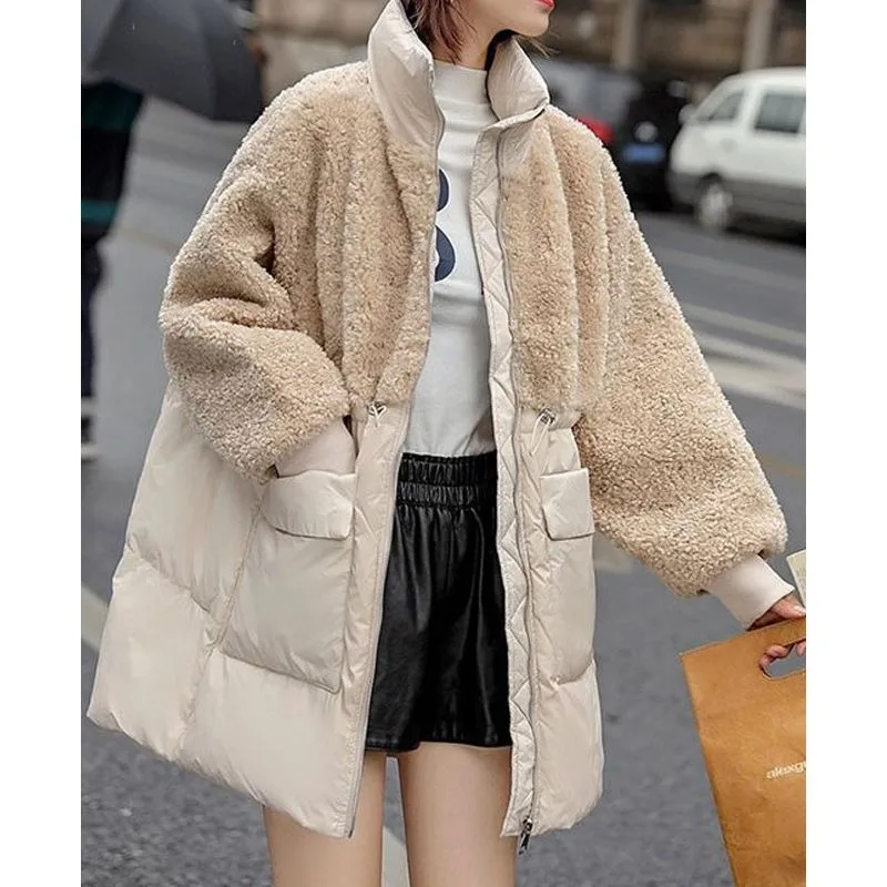 

Зимняя мода в стиле пэчворк из искусственной овечьей кожи, свободная теплая женская верхняя одежда большого размера, трендовая женская куртка средней длины на хлопковой подкладке