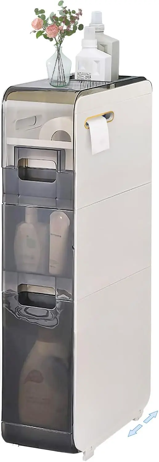 

3-Tiers Bathroom Organizers And Storage Floor Cabinet 6.69″ Narrow Slim Towel Side Corner Unit With Clear Drawers And Casters