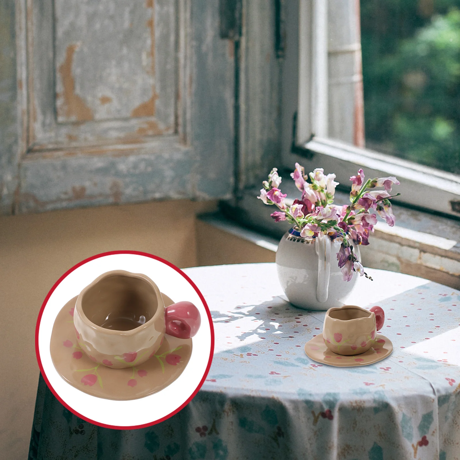 

1Set Vintage Ceramic Coffee Mug Saucer Smooth Edge Easy Grip Heat Resistant Water Milk Tea Cup for Home Office