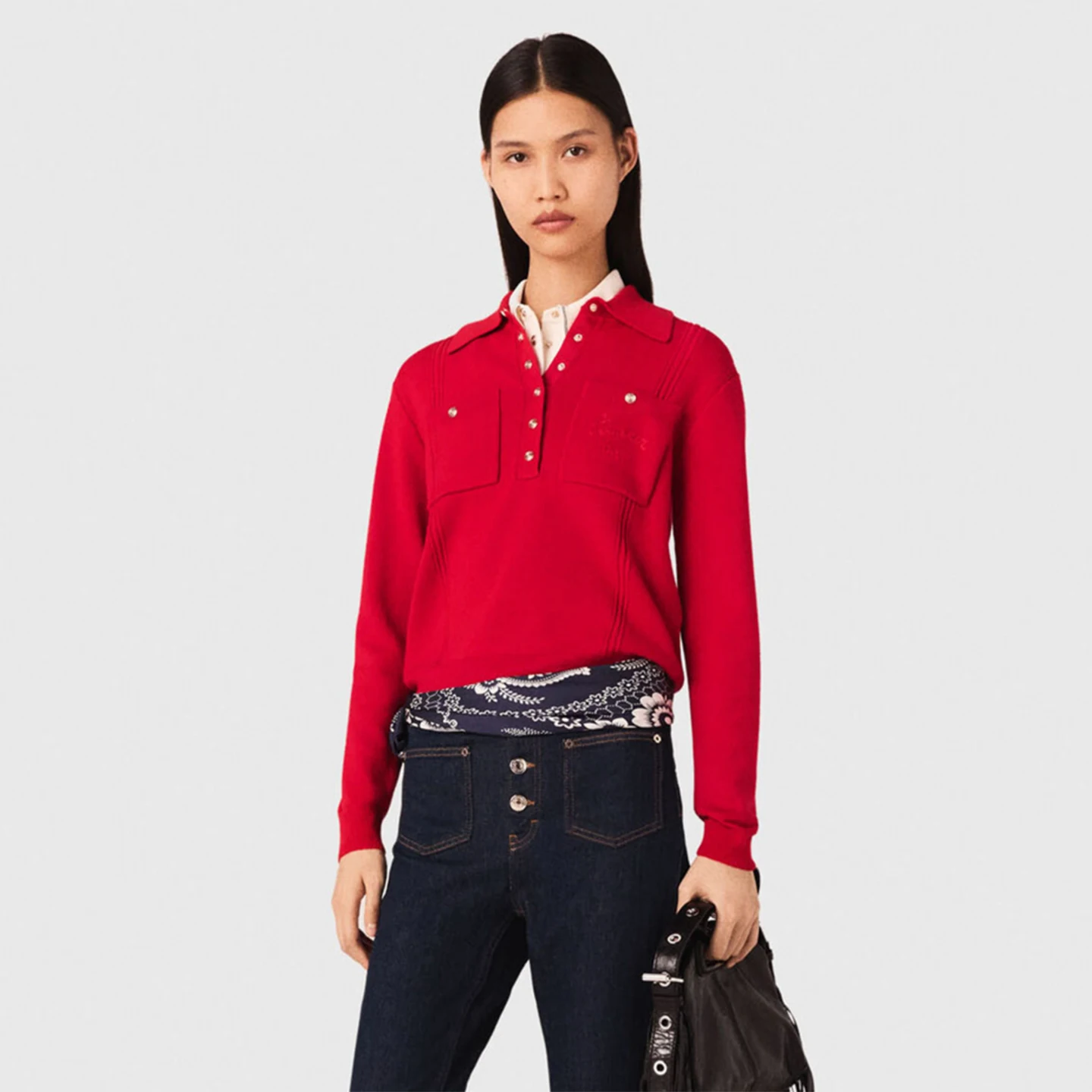 

Faionable Red Long Sve ort Knitted Sweater Stand Collar French Sle Soft Medium Thin Embroidered Commute Suitable