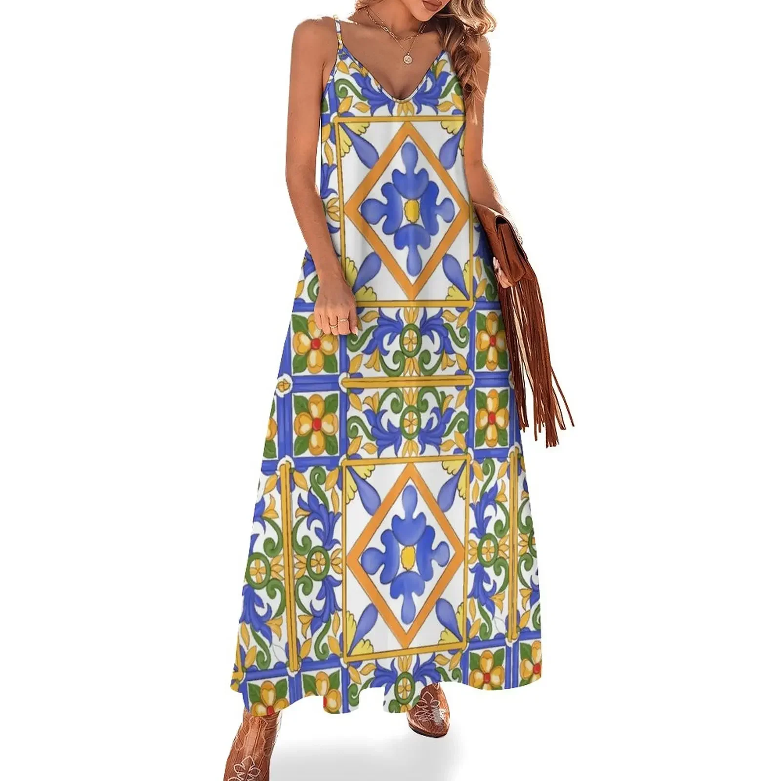 

Citrus,Sicilian style summer decor pattern Sleeveless Dress prom dresses women clothes Dress