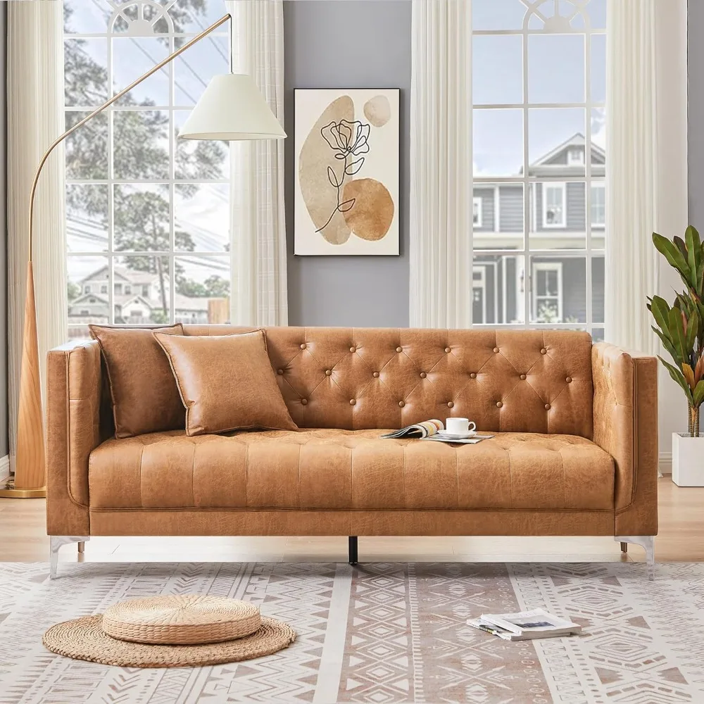 

"Three-Seater Brown Faux Leather Sofa with Handcrafted Button-Tufted Cushions and Metal Accents for Living Room"