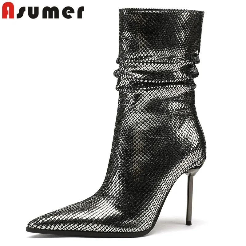 

ASUMER 2024 New Kid Suede Leather Mid Calf Boots Pointed Toe Thin High Heels Boots Sexy Ladies Slip On Pleated Autumn Boots