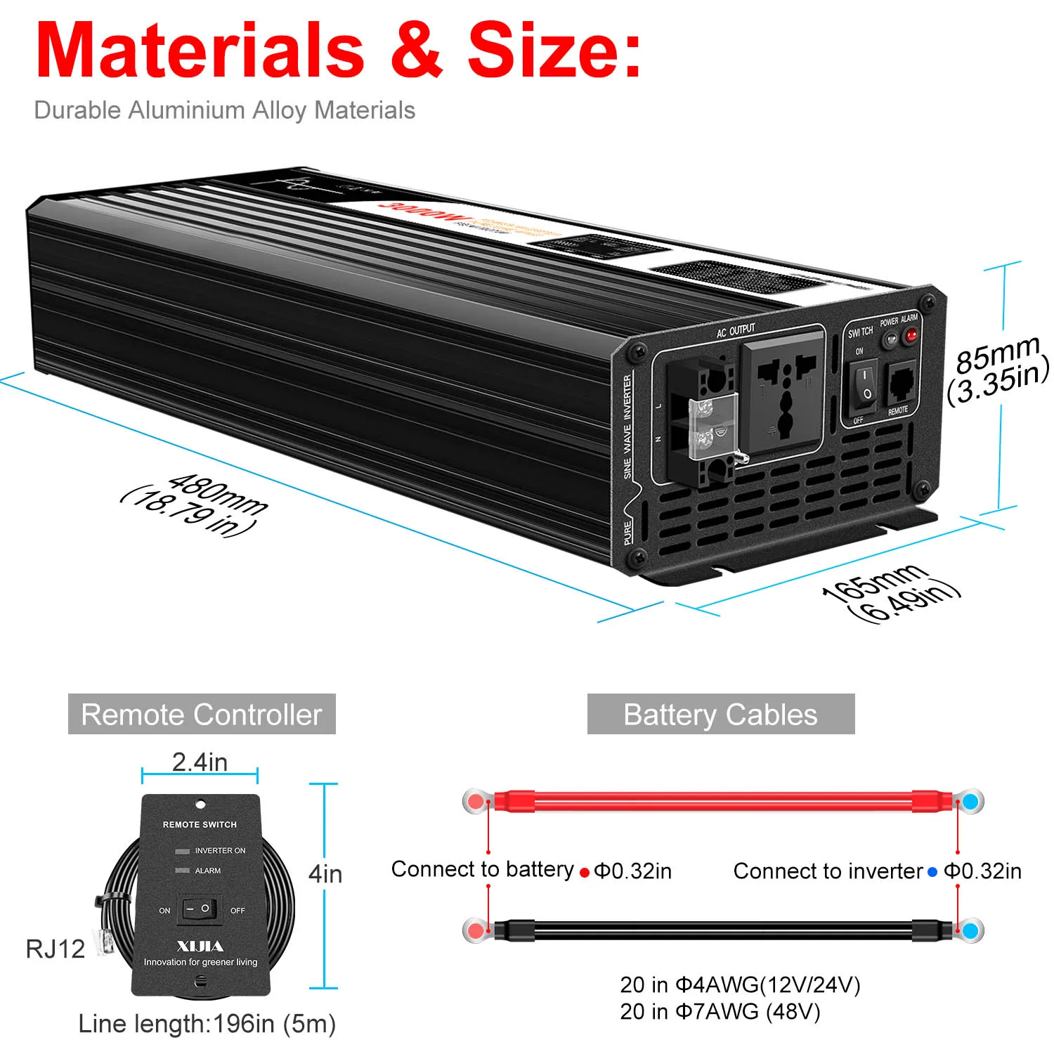 3000W pure sine wave solar car power inverter 12V/24V/48V DC to 110V 220V AC LCD screen