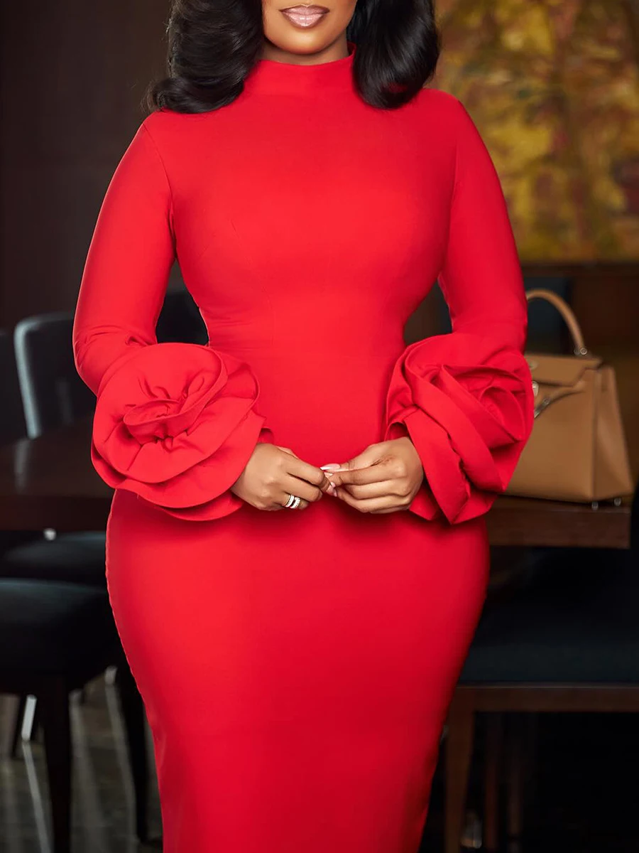 ZIML Abiti eleganti vintage dimagranti per donna Girocollo Manica lunga Vita alta Applicazioni impiombate Abito chic Moda femminile