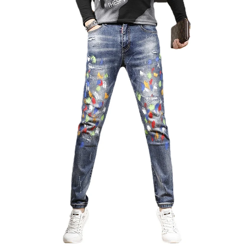 Fashion Graffiti Printed Ripped Blue Jeans Men Autumn Streetwear Slim Fit Straight Pants Casual Stretch Denim Trousers