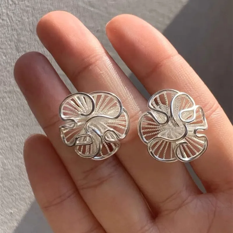 

925 Sterling Silver Layered Hollow Flowers on The Skirt Edge Stud Earring for Women Fine Jewelry High Luxury Vintage Accessories
