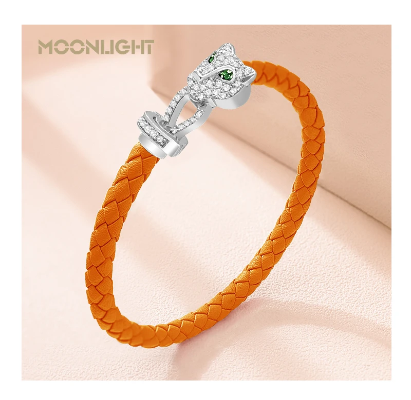 MOONLIGHT Classic Design Exquisite Cheetah Zircon Bracelet for Women Braided Leather Bracelet Quality Banquet Couples Gift