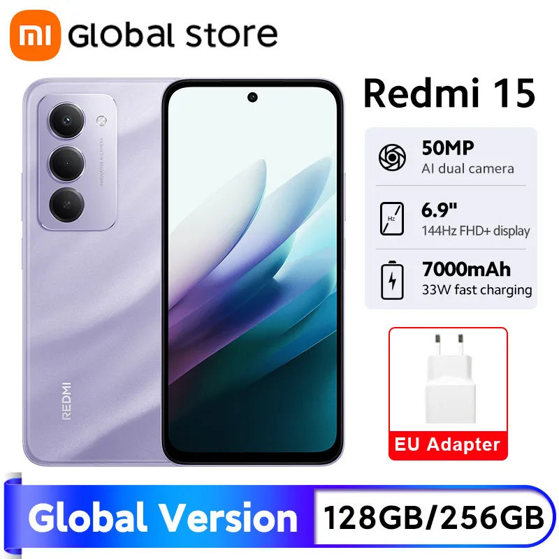 Глобальная версия смартфона Xiaomi Redmi 15, 128 ГБ/256 ГБ ПЗУ, Snapdragon 685 6,9 дюйма, FHD + DotDisplay, камера 50 МП, 7000 мАч, 33 Вт, IP64