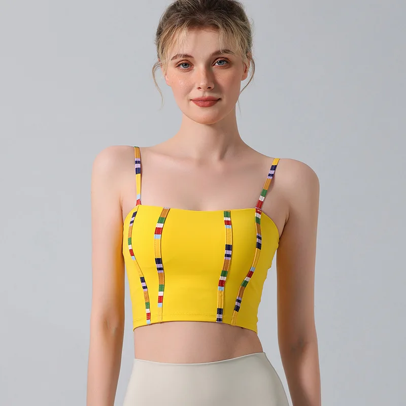 Fashion Young Women Yoga Colored Thread Splicing With Chest Pad Tank Top Breathable SoftCrop Tops Sports Workout Fitness  Vest