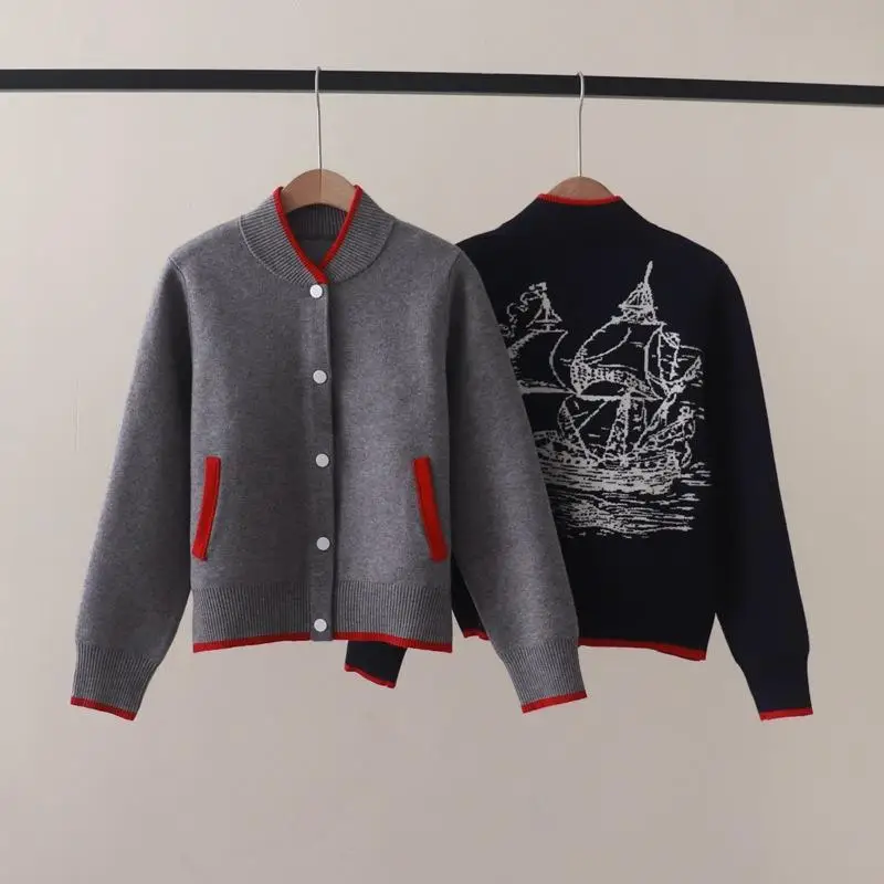 

Sweater niche stand up collar contrasting color back sailboat jacquard long sleeved knitted cardigan jacket for women