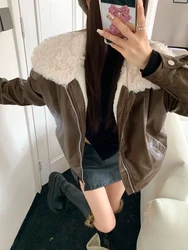 Winter Women Korean Fashion Old Money Thick Pu Faux Leather Lambs Wool Patchwork Padded Jacket Vintage Outwear Zip Up Racer Coat