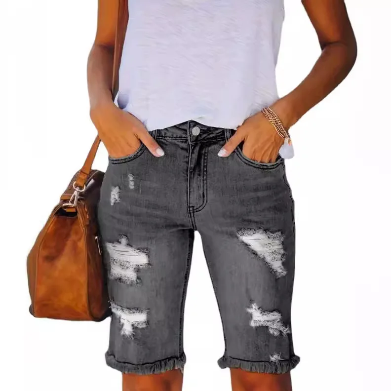 2025 Summer Washed Holes Washed Cotton Women's Denim Shorts Europe and America