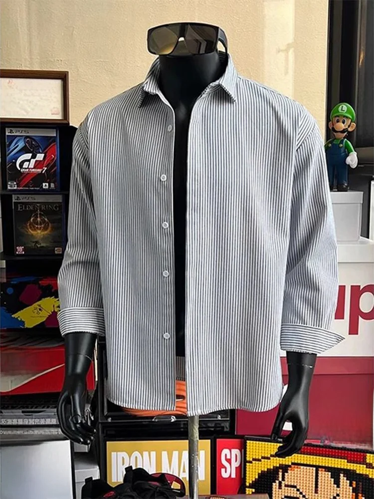

Blue Vertical Stripes Men's irt Spring Autumn Long Sve Cleanfit Jaet American Sle Loose Fit Breathable Polyester Cot...